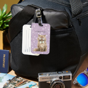 Purple Sparkle Glitter Brown Cool Cat Glasses Luggage Tag