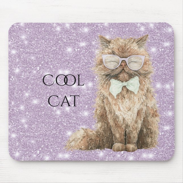 Purple Sparkle Glitter Brown Cool Cat Glasses   Mouse Mat (Front)