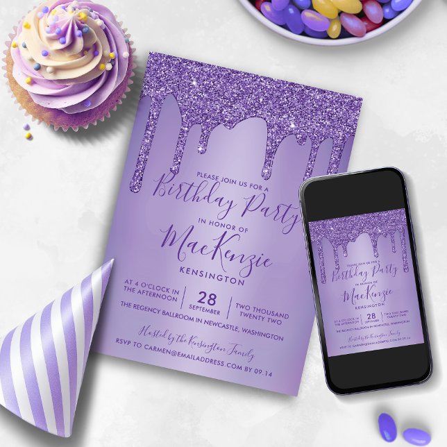 Purple Sparkle Glitter Drips Any Year Birthday Invitation (Purple Sparkle Glitter Drips Any Year Birthday Invitation)