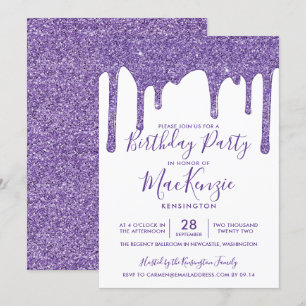 Purple Sparkle Glitter Drips Any Year Birthday Invitation