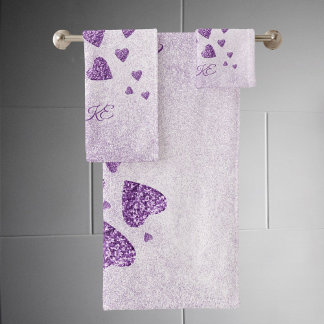 Purple sparkle glitter hearts lavender bath towel set