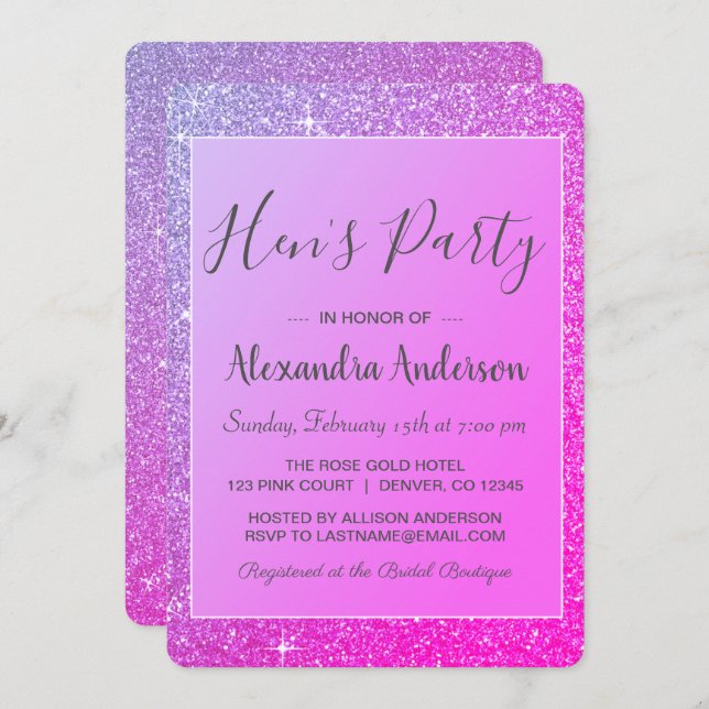 Purple Sparkle Glitter Hen's Party Invitation (Front/Back)