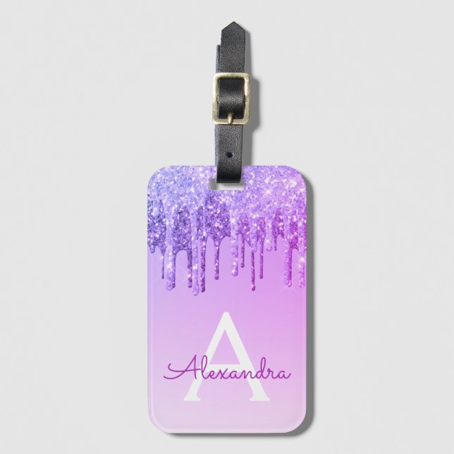 Purple Sparkle Glitter Monogram Name Luggage Tag (Front Vertical)