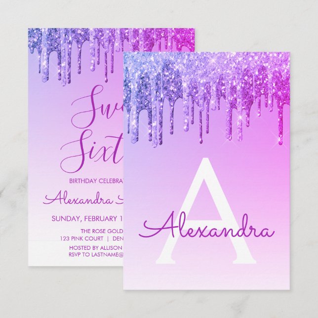 Purple Sparkle Glitter Sweet Sixteen Birthday Invitation (Front/Back)