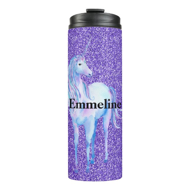 Purple Sparkle Glitter Unicorn Name  Thermal Tumbler (Front)