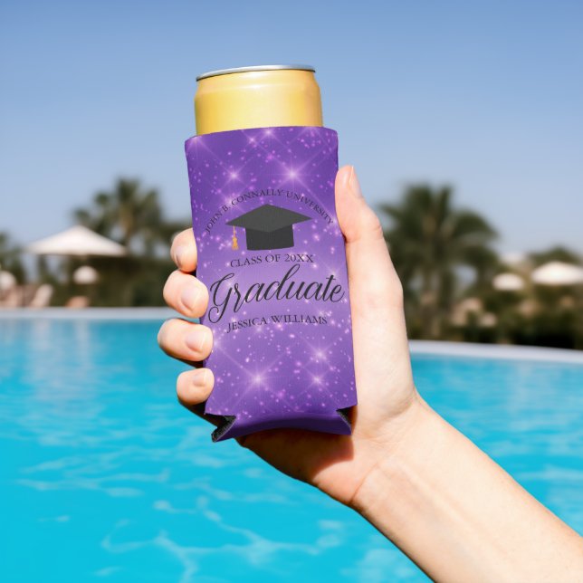 Purple Sparkle Graduate Custom Graduation Party Seltzer Can Cooler (In Situ Pool)