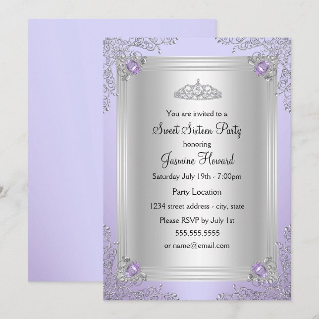 Purple Sparkle Jewel & Tiara Sweet 16 Invitation (Front/Back)