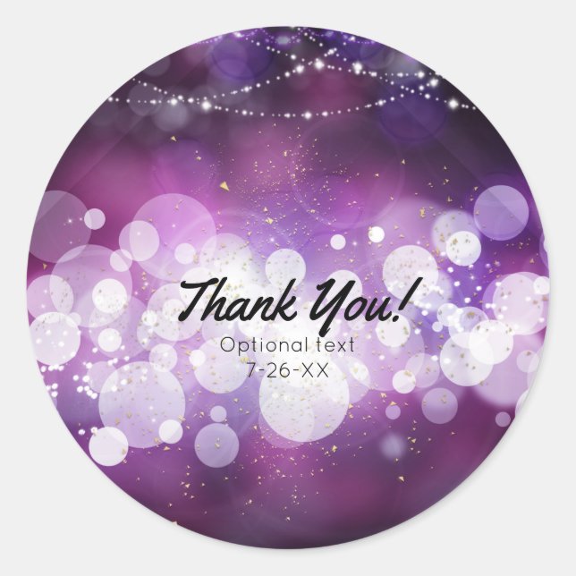 Purple Sparkle Lights Glam Birthday Party Favour Classic Round Sticker (Front)