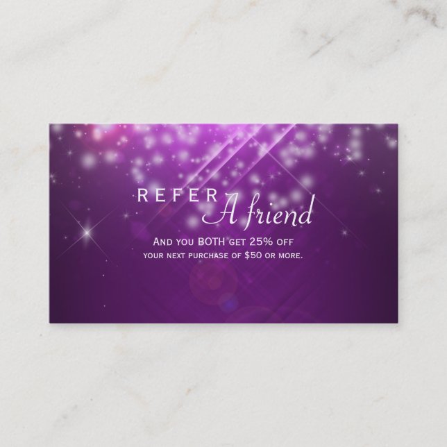 Purple Sparkle Lights Salon REFER A FRIEND Card (Front)