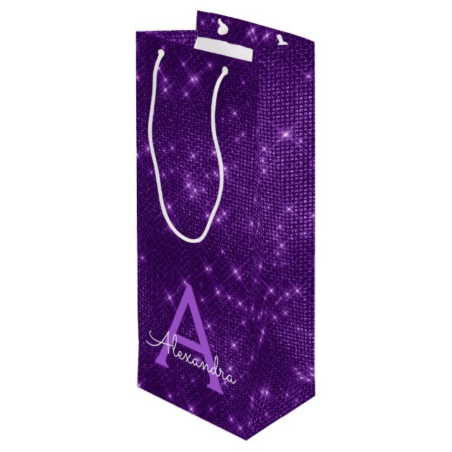 Purple Sparkle Monogram - Add Your Name Wine Gift Bag (Back Angled)
