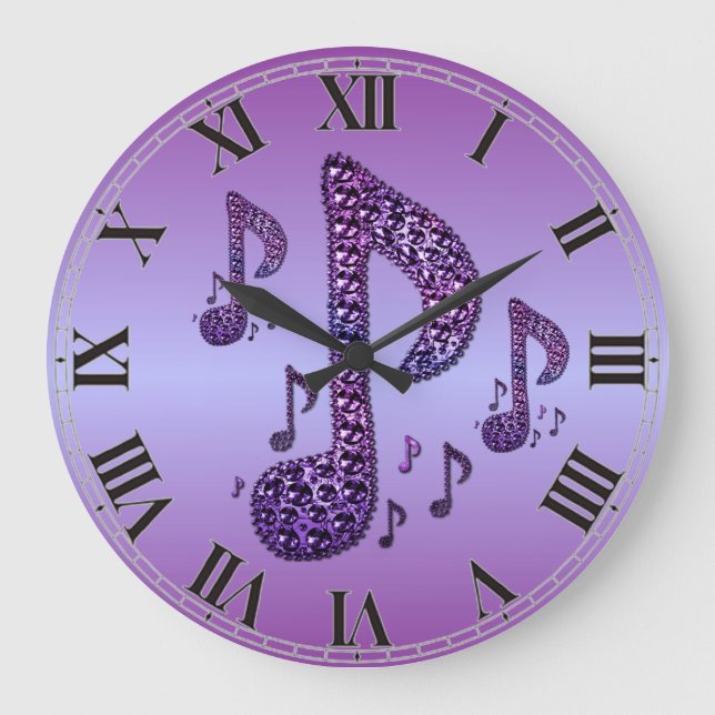 Purple Sparkle Music Notes Wall Clock (Front)
