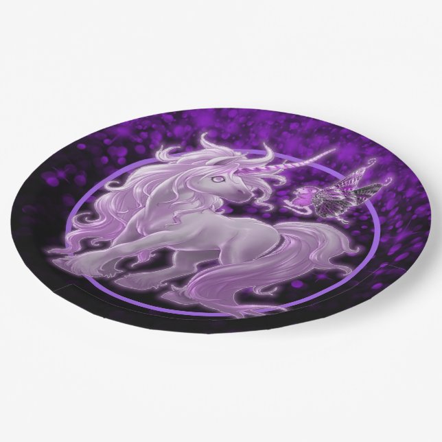 Purple Sparkle Pink Unicorn Paper Plate (Angled)