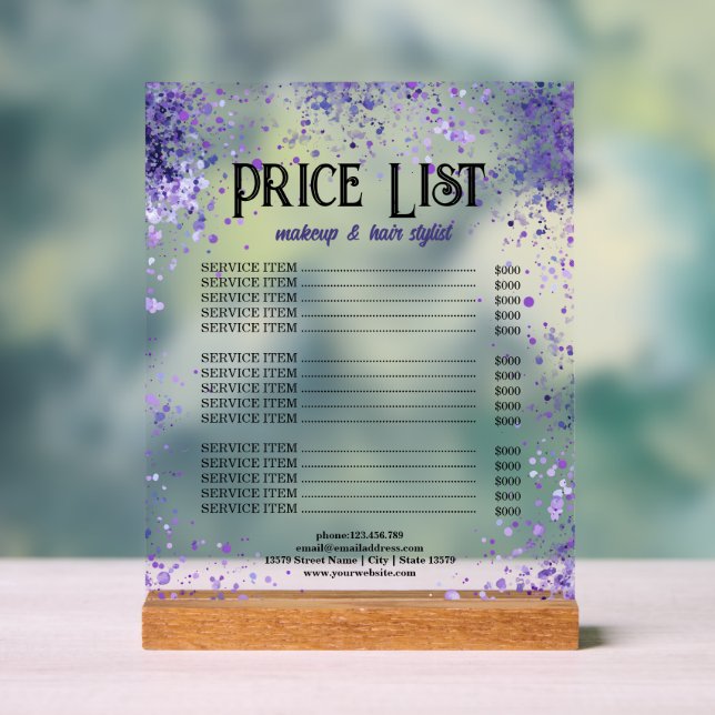 Purple Sparkle Price List for Beauty Professionals Acrylic Sign (Neutral)