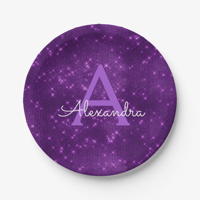 Purple Sparkle & Shimmer Monogram Birthday Paper Plate (Front)