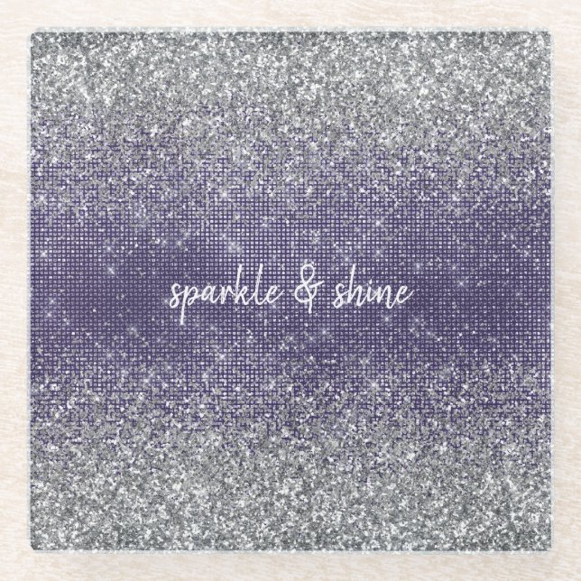Purple Sparkle Silver Glitter Glass Coaster (Front)