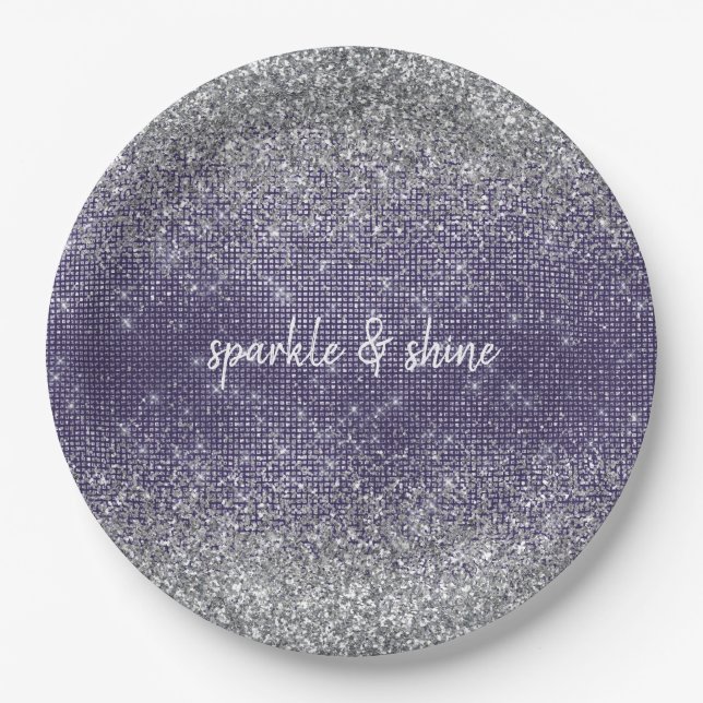 Purple Sparkle Silver Glitter Paper Plate (Front)