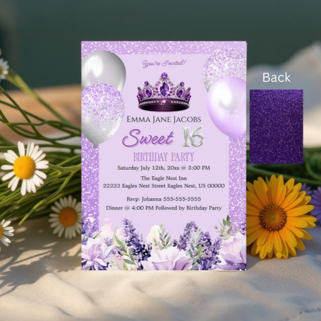 Purple Sparkle Sweet 16 Birthday Party Invitation (Creator Uploaded)