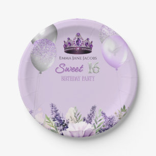 Purple Sparkle Sweet 16 Birthday Party Paper Plate
