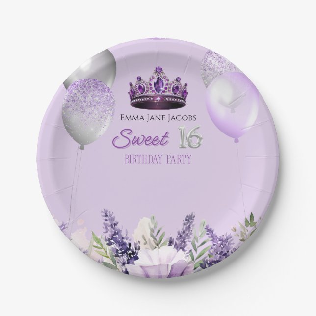 Purple Sparkle Sweet 16 Birthday Party  Paper Plate (Front)