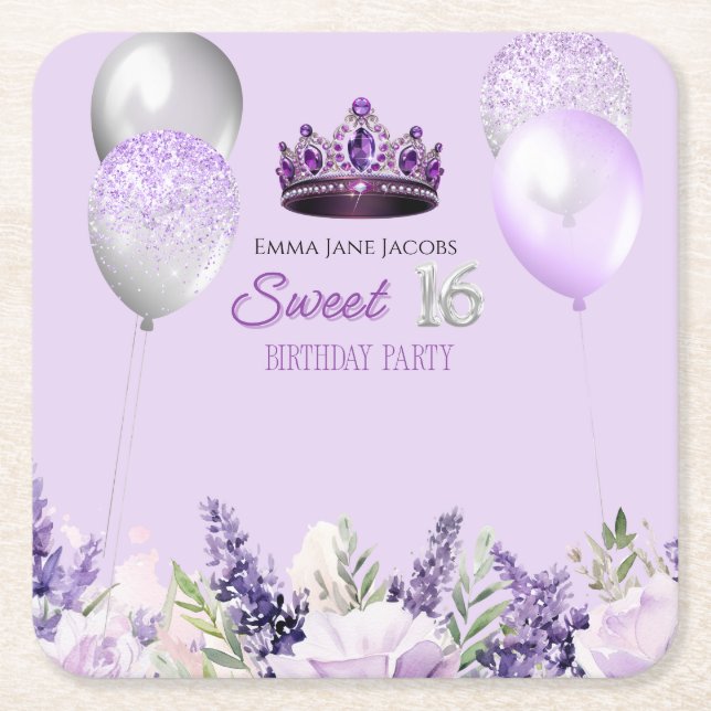 Purple Sparkle Sweet 16 Birthday Party  Square Paper Coaster (Front)