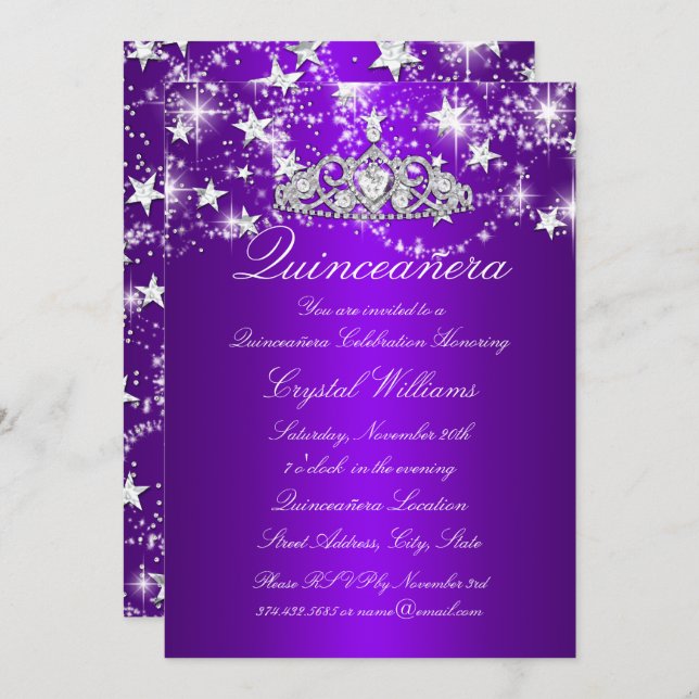 Purple Sparkle Tiara & Stars Quinceanera Invitation (Front/Back)