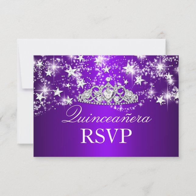 Purple Sparkle Tiara & Stars Quinceanera RSVP (Front)
