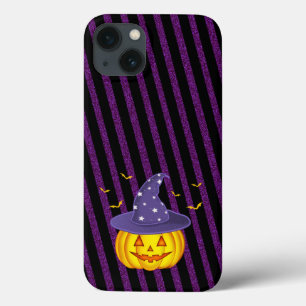 Purple Sparkles & Black Stripes Halloween Pumpkin iPhone 13 Case