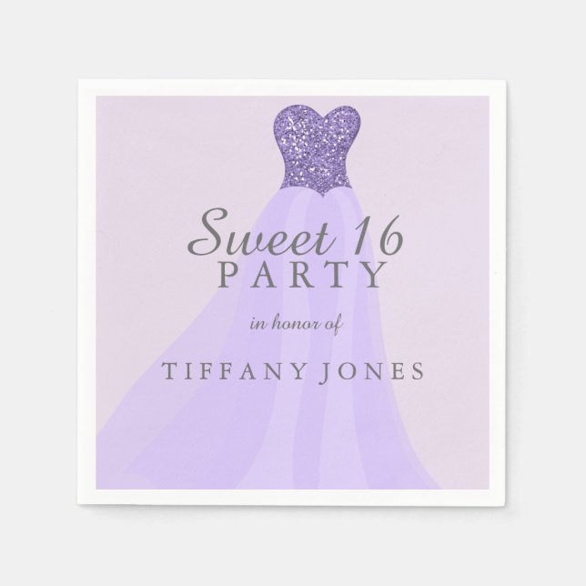 Purple Sparkling Glitter Gown Sweet 16 Party Napkin (Front)