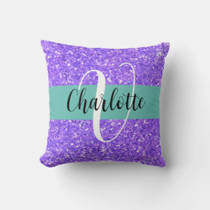 Purple sparkling glitter monogrammed cushion