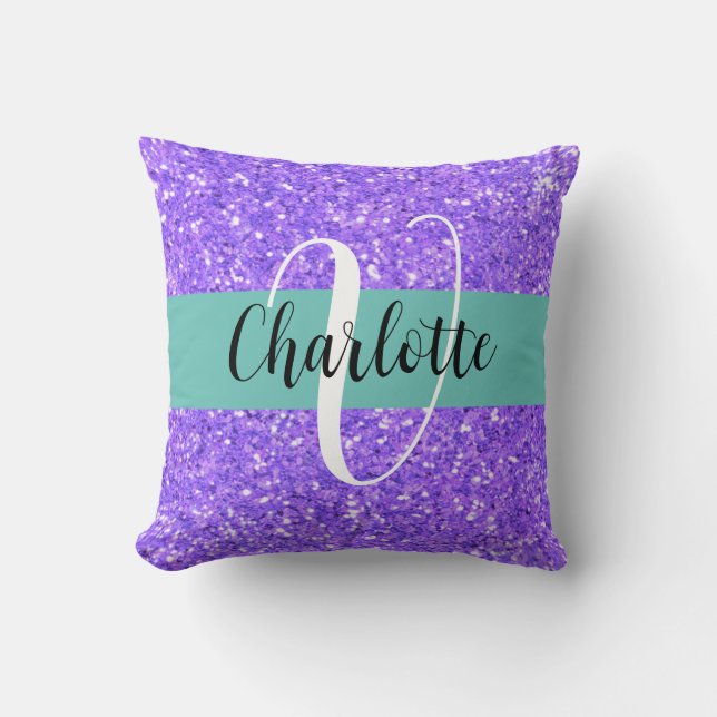 Purple sparkling glitter monogrammed      cushion (Front)