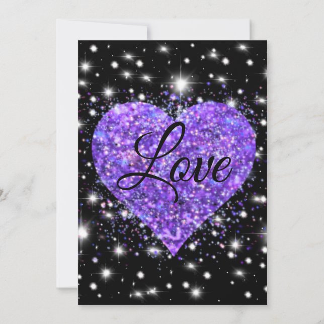 Purple sparkling heart, love glitter valentine holiday card (Front)