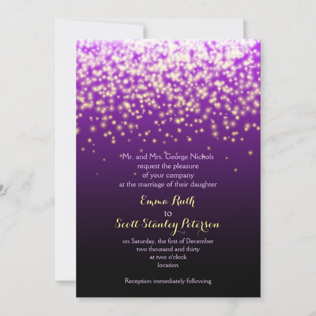 Purple sparkling lights in the sky wedding invitation (Front)