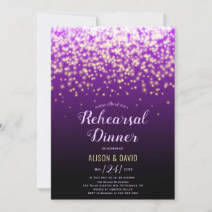 Purple sparkling lights wedding rehearsal dinner invitation
