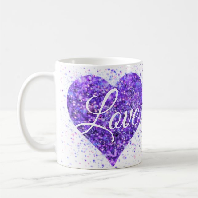 Purple sparkling sequins, love graffiti valentine coffee mug (Left)