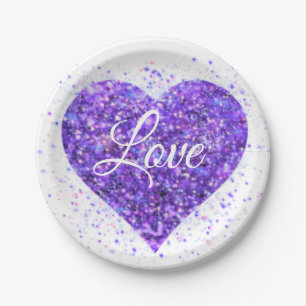 Purple sparkling sequins, love graffiti valentine paper plate