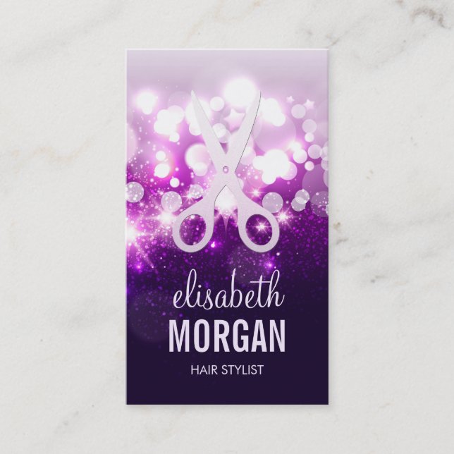 Purple Sparkly and Glitter Scissors - Hair Stylist Business Card (Front)