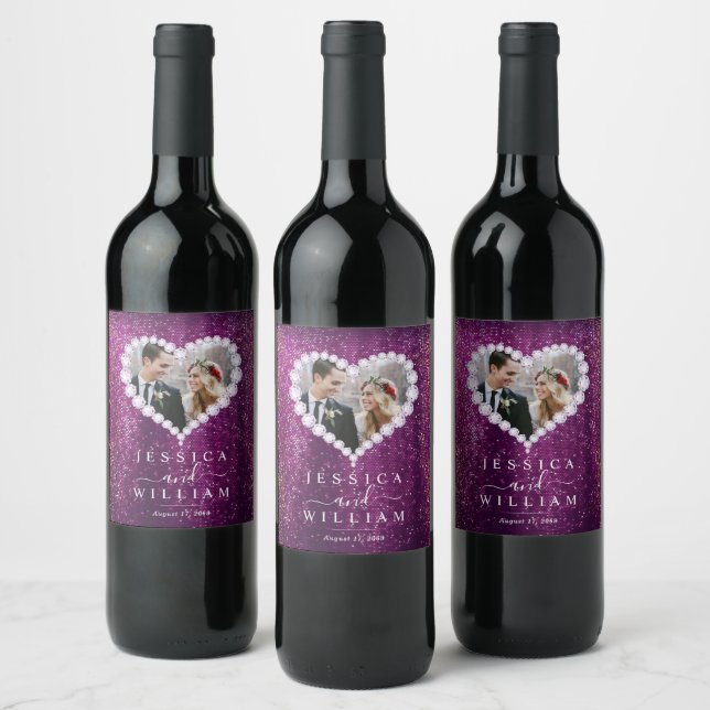 Purple Sparkly Glitter Custom Wedding Photo Wine Label (Bottles)