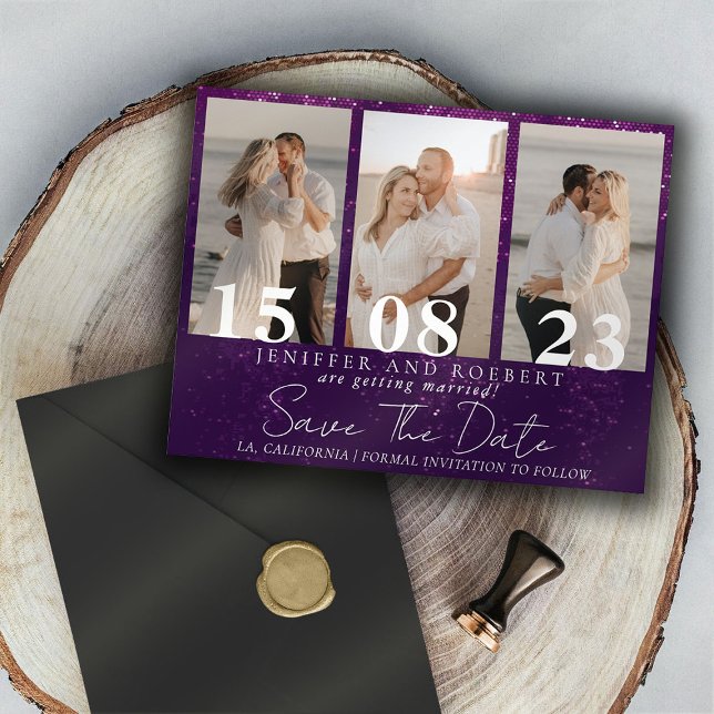 Purple Sparkly  Photo Collage Save the Date Card (Creator Uploaded)