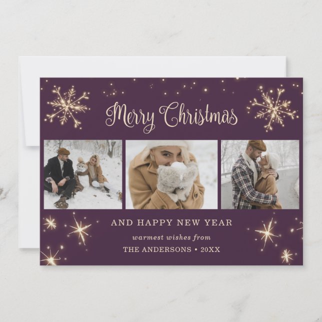 Purple Sparkly Snowflake Photo Christmas Cards (Front)