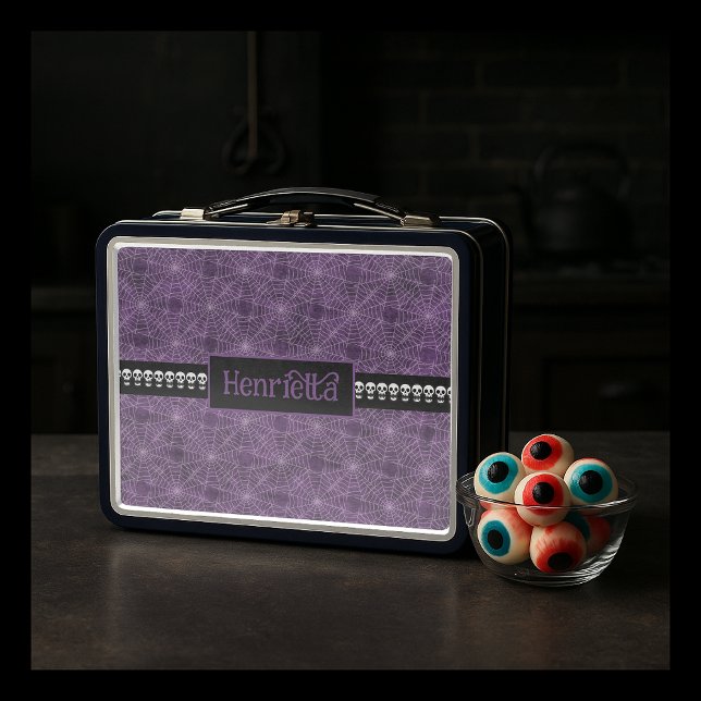 Purple Spiderweb Halloween Skull Pattern with Name Metal Lunch Box (Creator Uploaded)