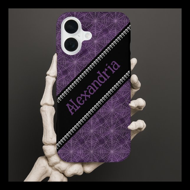 Purple Spiderweb Pattern Custom Name & Skulls iPhone 16 Case (Creator Uploaded)