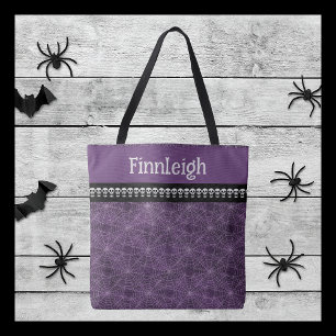 Purple Spiderweb with Skulls and Personalised Name Tote Bag