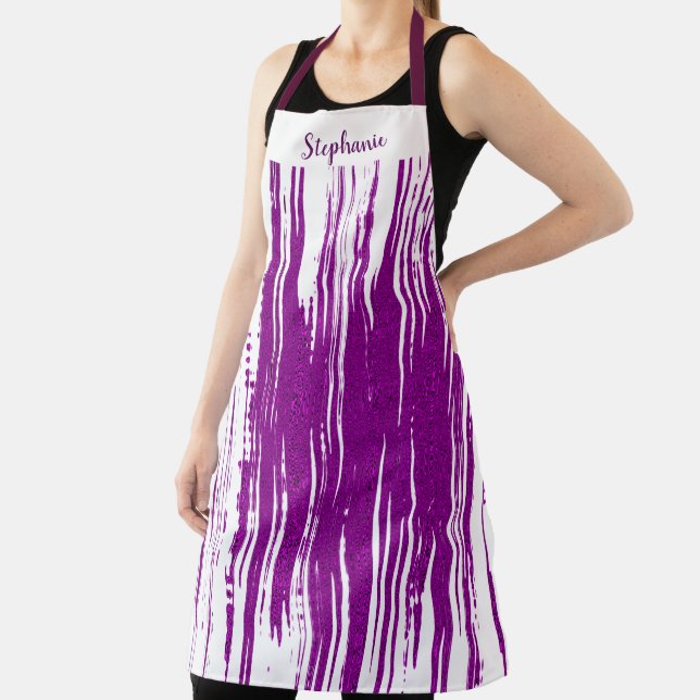 Purple Spiky Wave Patterns White Custom Monograms Apron (Insitu)