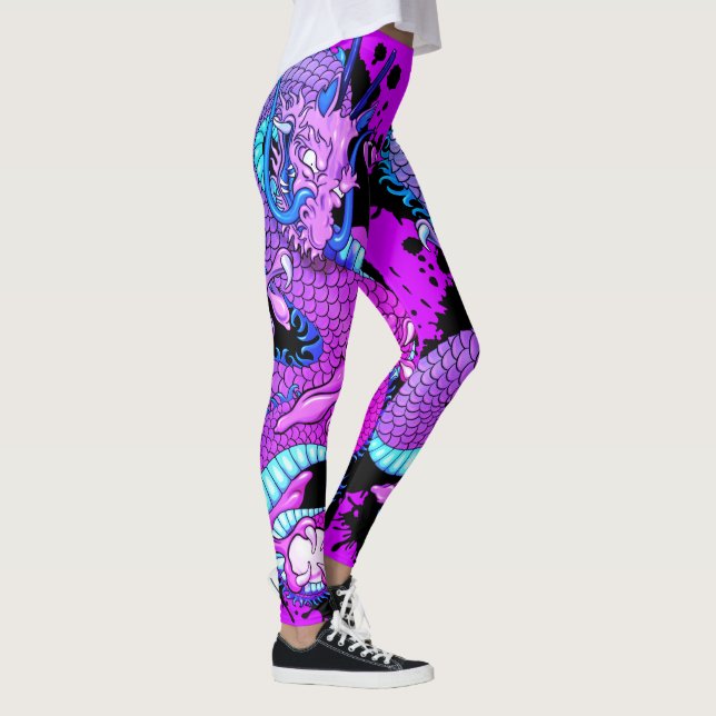 Purple Splash Dragon Tattoo Art on Electric Purple Leggings (Right)