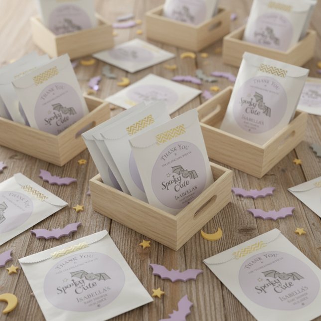 Purple Spooky Cute Bats Baby Halloween Favour Bags (Cute Halloween Baby Shower Favor Bags. Spooky Cute Baby Bat Thank You Bag in Purple for Baby Girl )