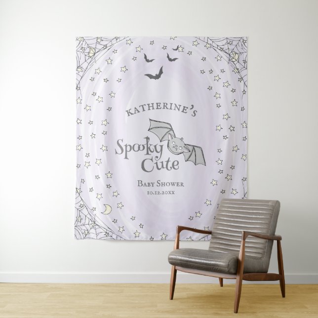Purple Spooky Cute Halloween Baby Shower Backdrop Tapestry (In Situ)