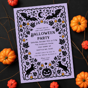Purple Spooky Folk Art Bat & Cat Halloween Party Invitation