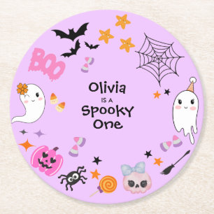Purple Spooky One Cute Halloween 1st Birthday  Round Paper Coaster