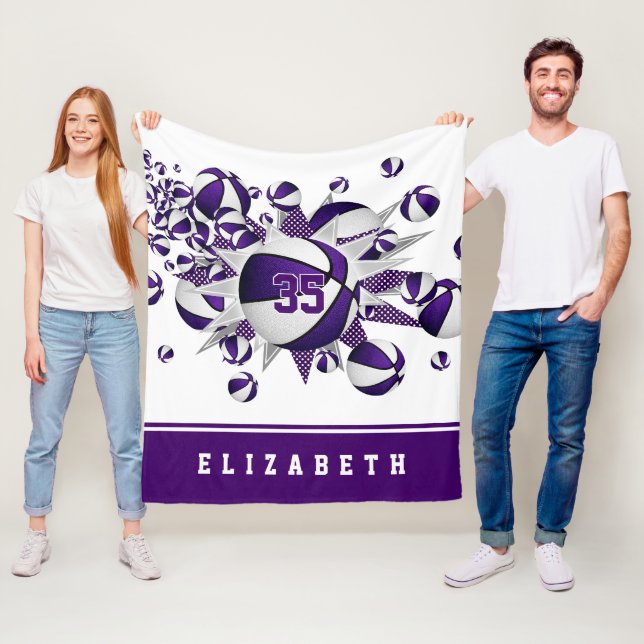 purple sports decor girls basketballs stars fleece blanket (In Situ)