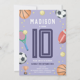Purple Sports Girls 10th Birthday Invitation